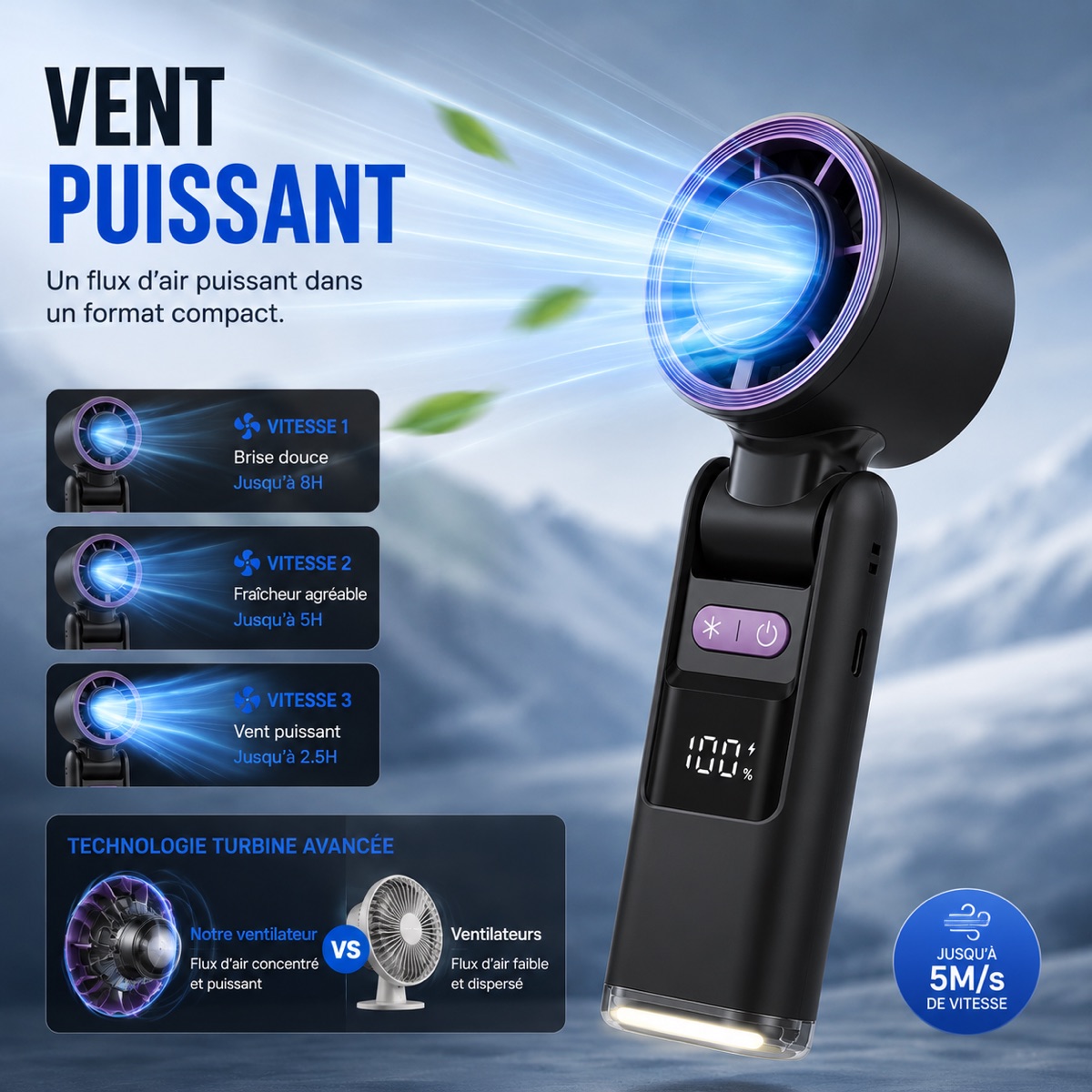Vent puissant — 3 vitesses jusqu'à 5M/s